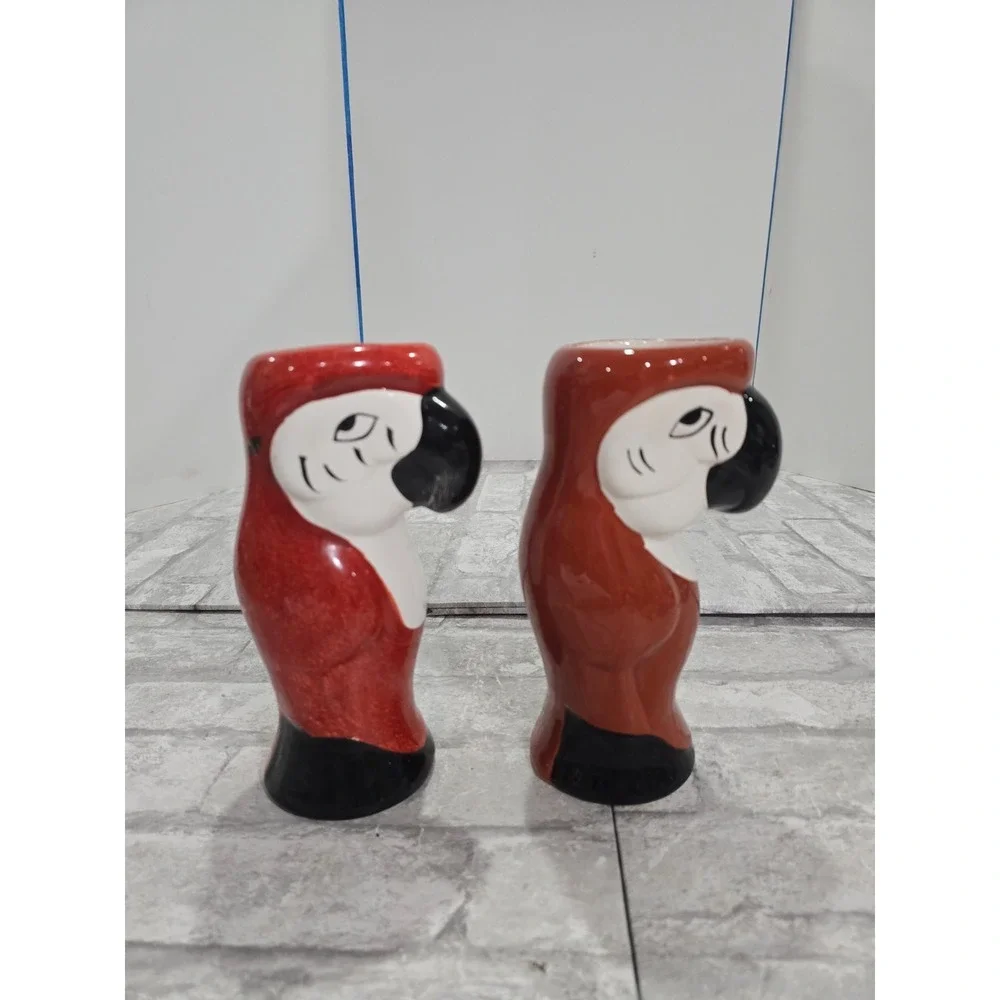 Set of 2 Vintage Parrot Macaw Red Orange Ceramic‎ Tiki Mug Barware Vase DW125(R)